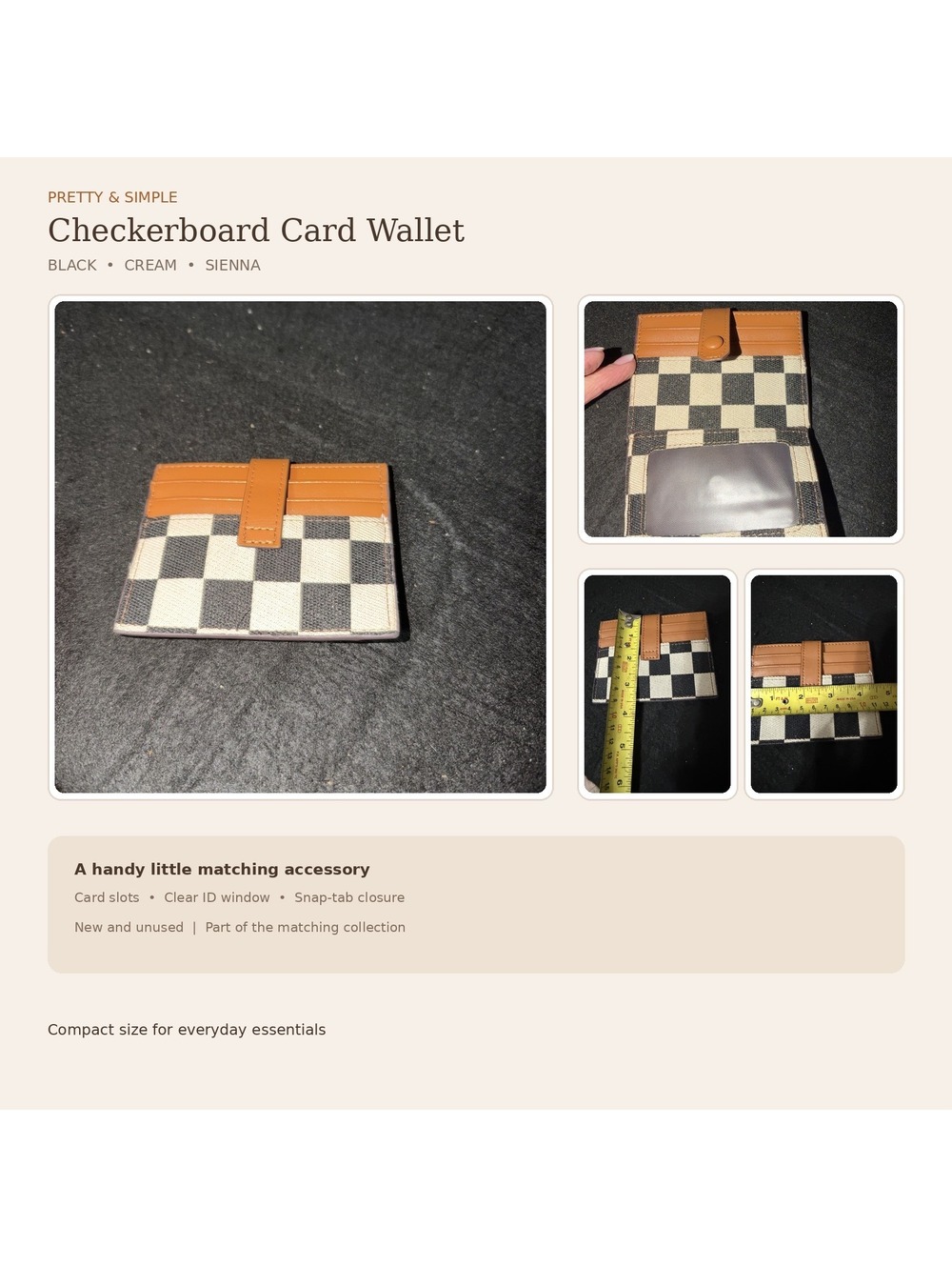 Checkerboard Card Wallet - Black, Cream & Cognac - New